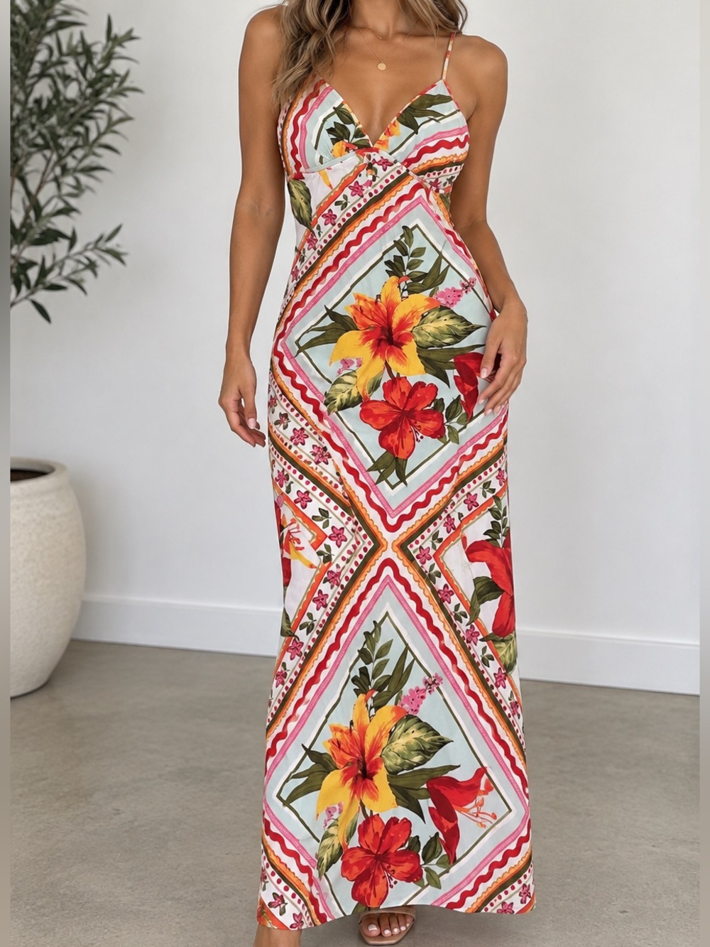 Tropical Print Strappy Maxi Dress - Flowers Dress
